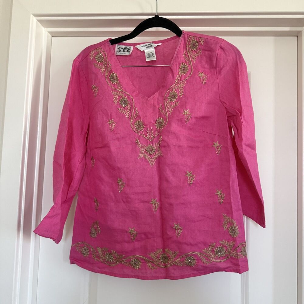 100% Irish Linen hot pink tunic top embroidery boho kurti MP